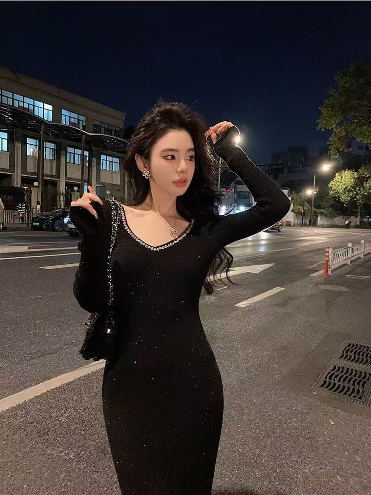 Slim long sleeve long dress knitted dress