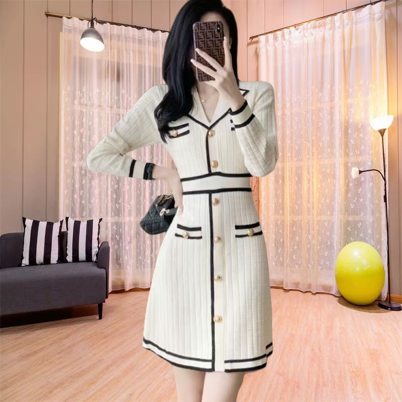 Temperament sweater dress mixed colors dress for women