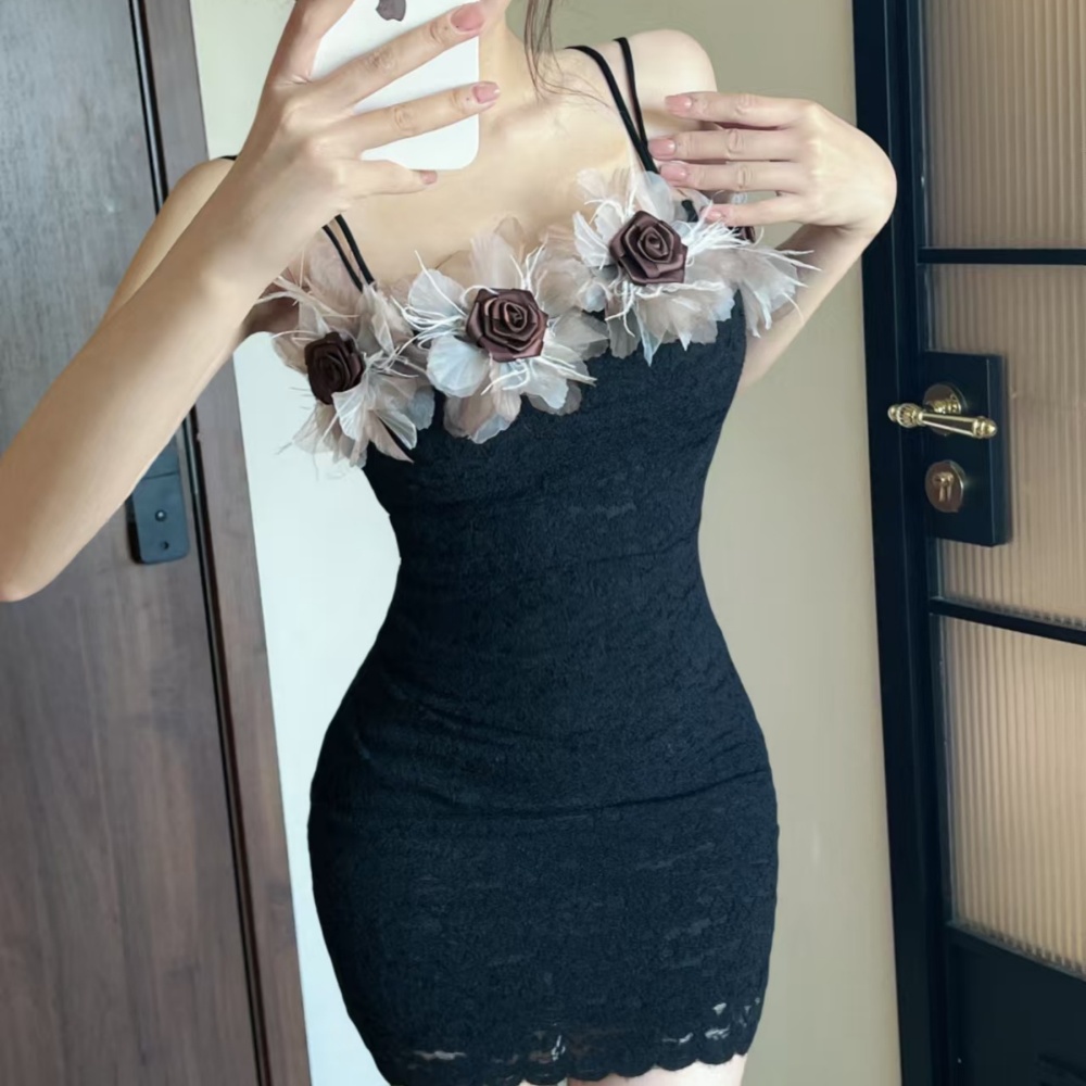 Splice lace short sling bottoming sexy flowers dress