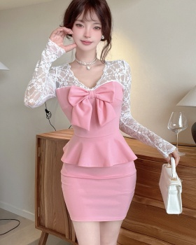 Slim bow long sleeve Pseudo-two V-neck splice dress