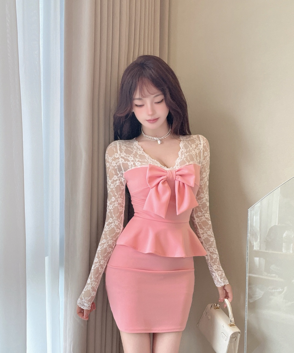 Slim bow long sleeve Pseudo-two V-neck splice dress