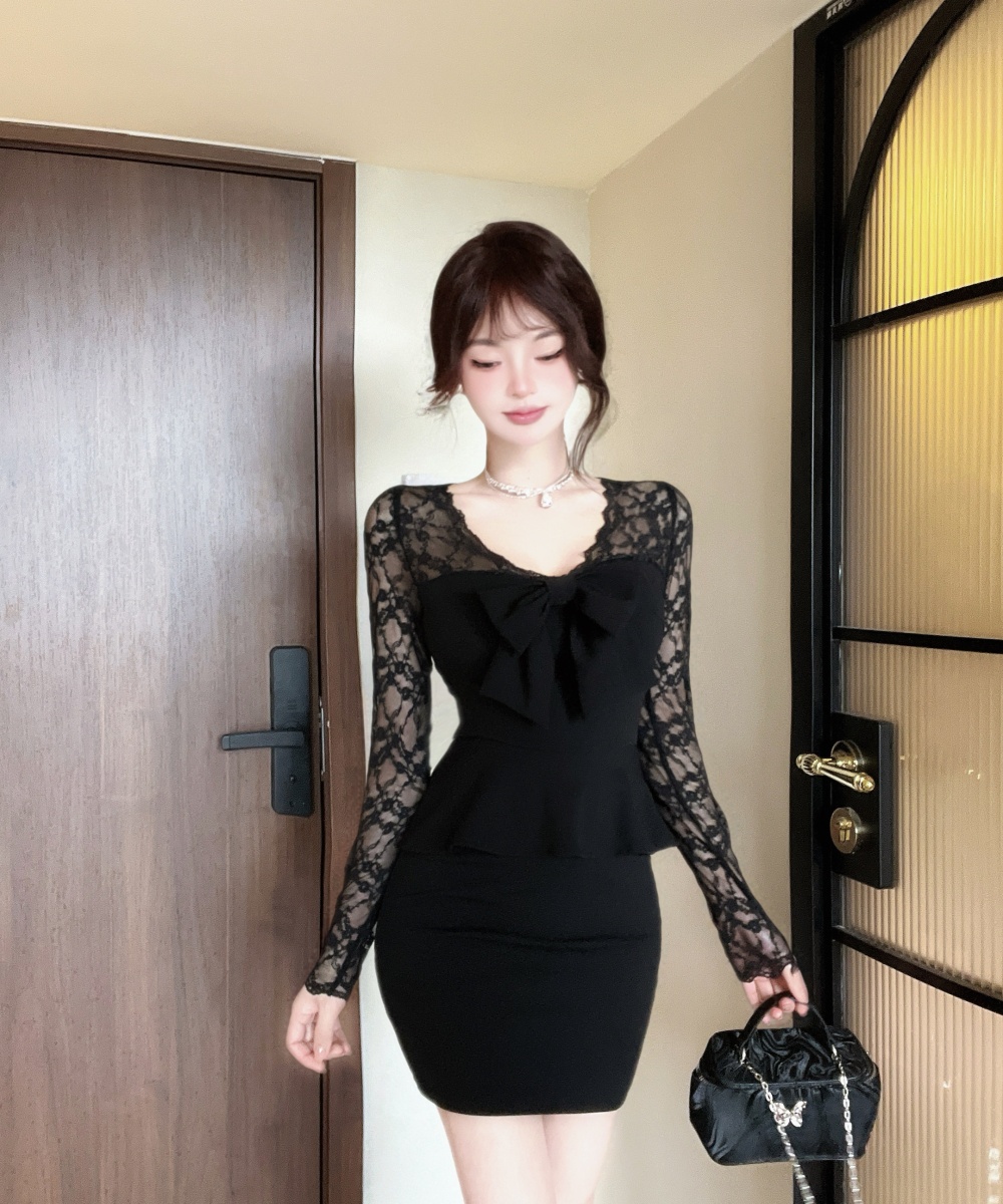 Slim bow long sleeve Pseudo-two V-neck splice dress