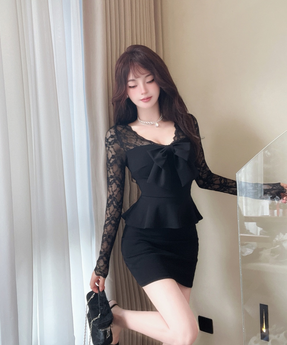 Slim bow long sleeve Pseudo-two V-neck splice dress