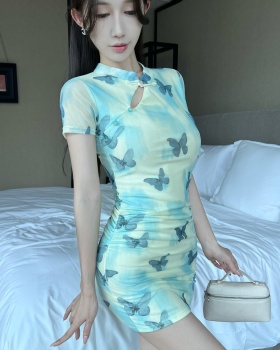 Slim butterfly printing dress package hip hollow cheongsam