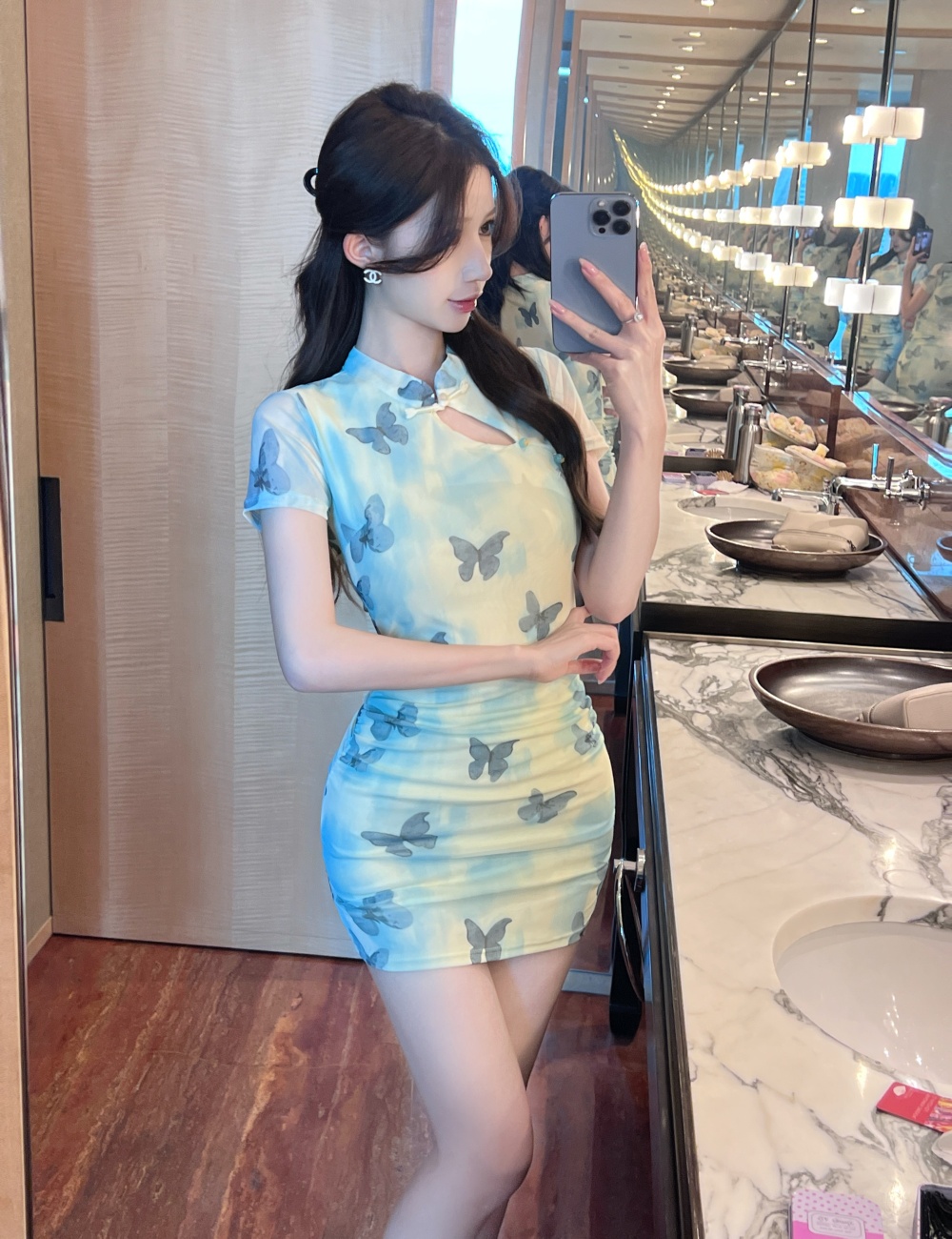 Slim butterfly printing dress package hip hollow cheongsam