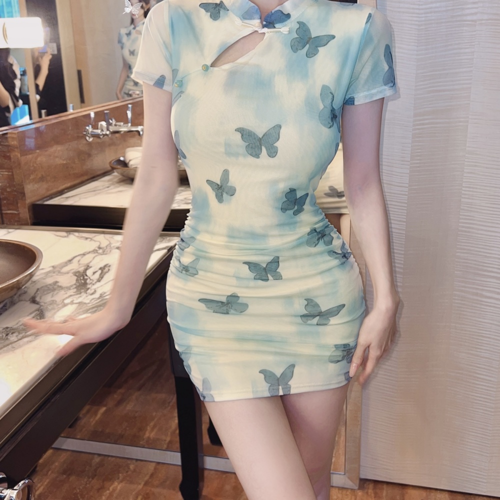 Slim butterfly printing dress package hip hollow cheongsam