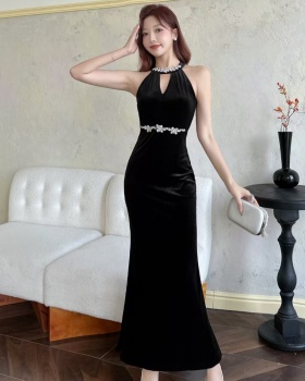 Long rhinestone formal dress slim velvet dress