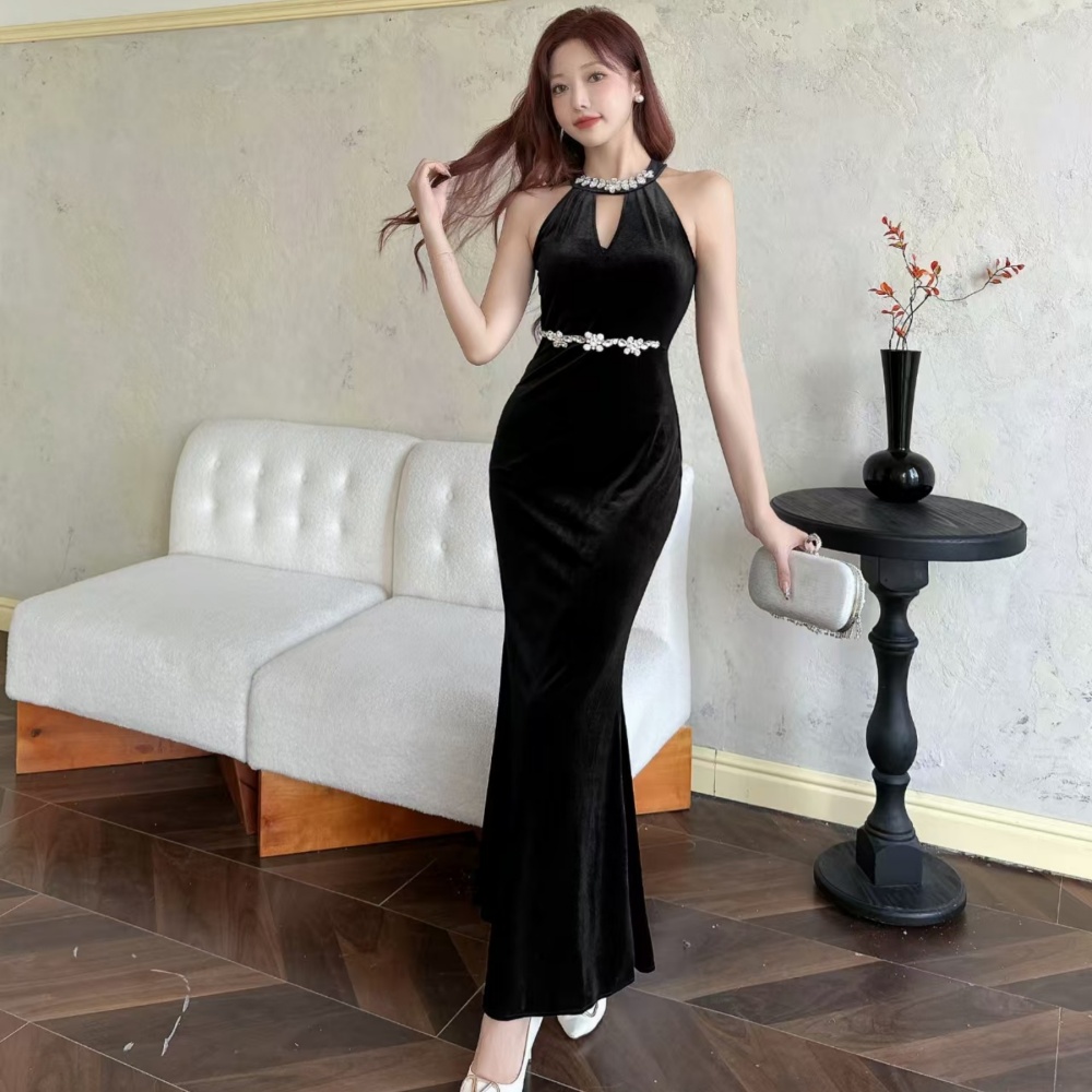 Long rhinestone formal dress slim velvet dress