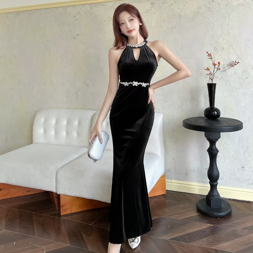 Long rhinestone formal dress slim velvet dress