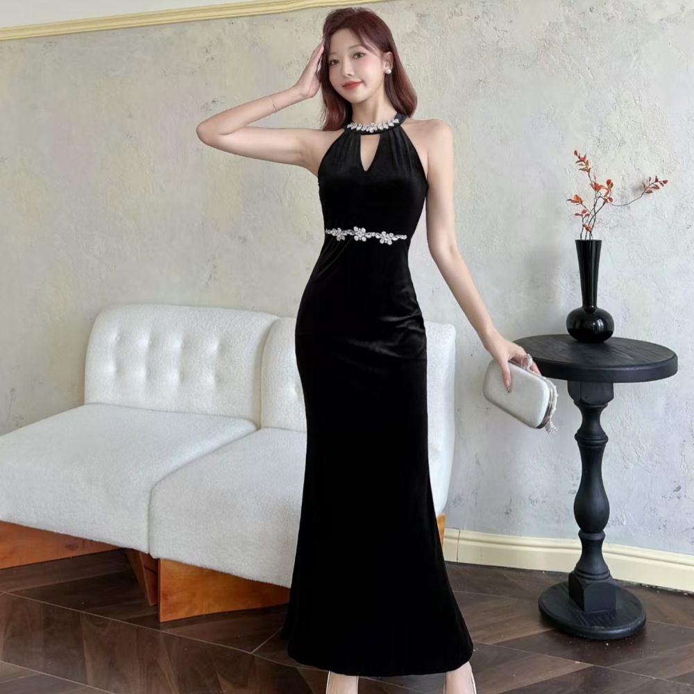 Long rhinestone formal dress slim velvet dress