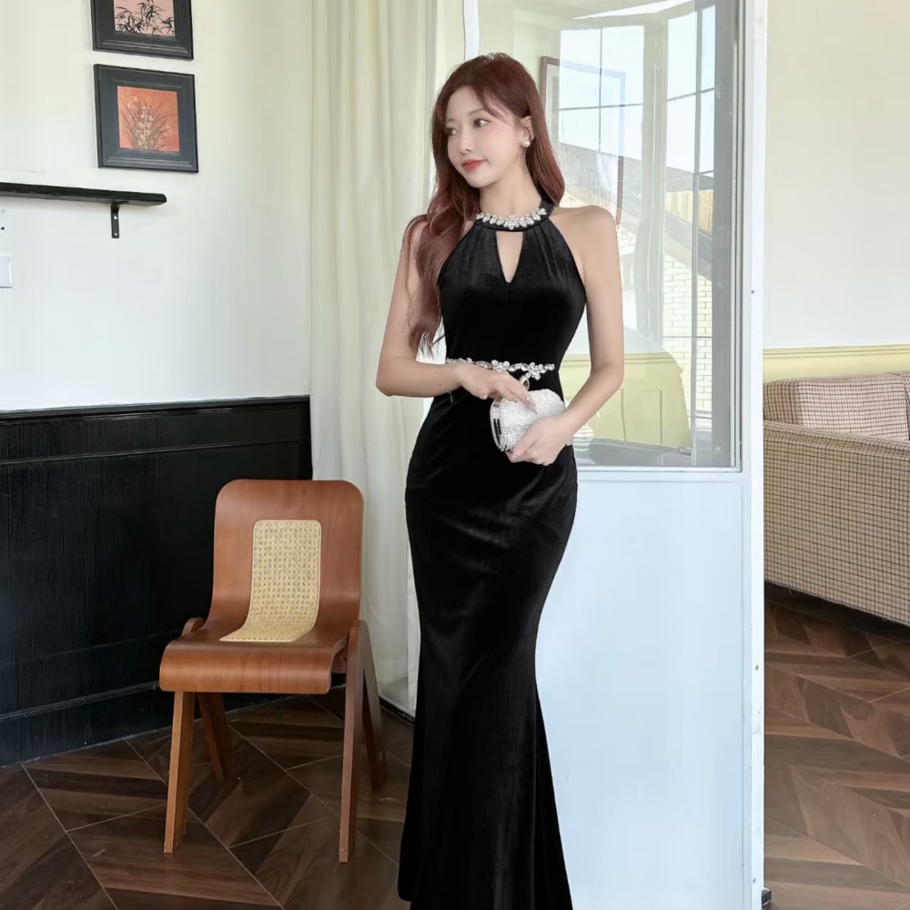 Long rhinestone formal dress slim velvet dress