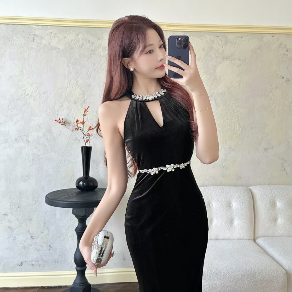 Long rhinestone formal dress slim velvet dress