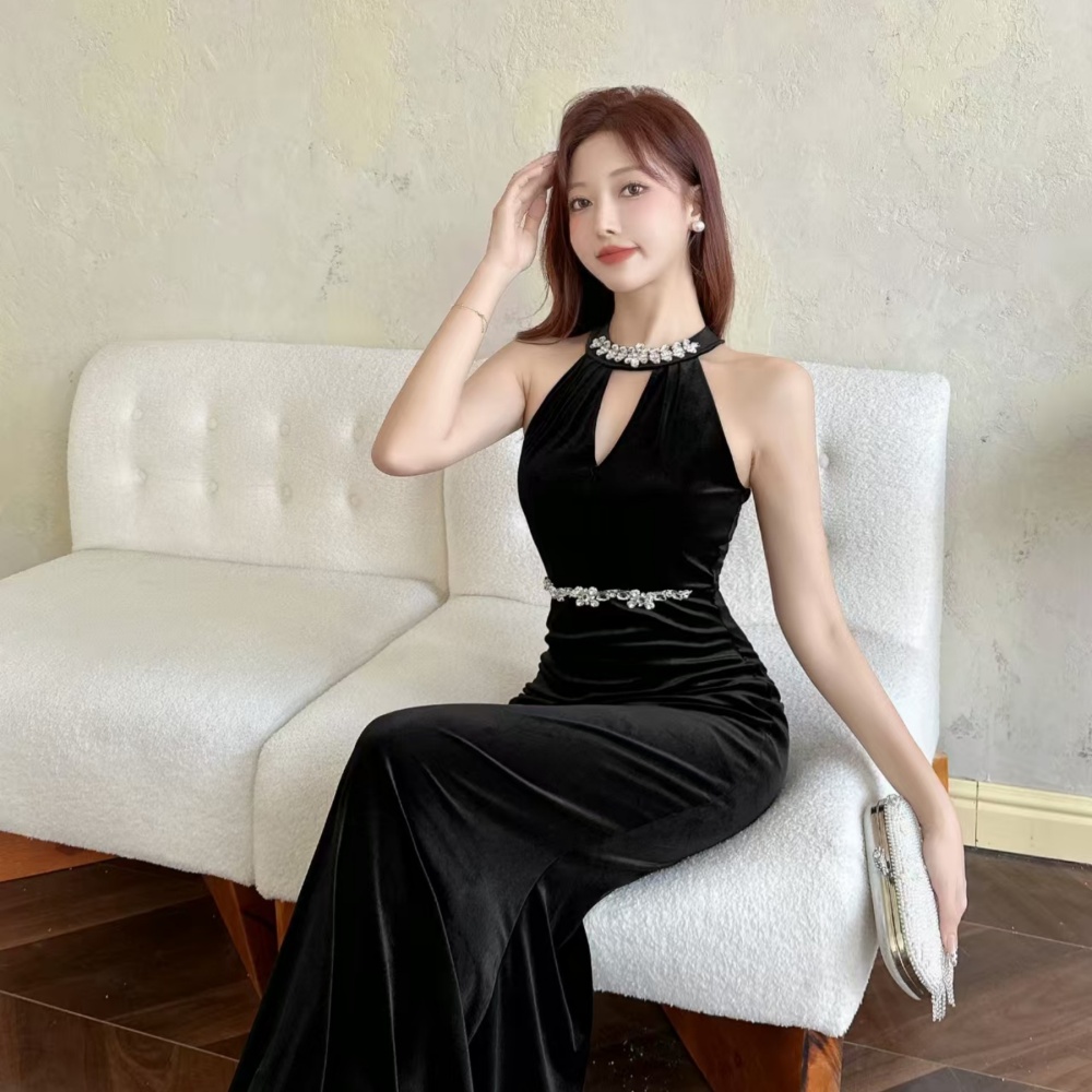 Long rhinestone formal dress slim velvet dress