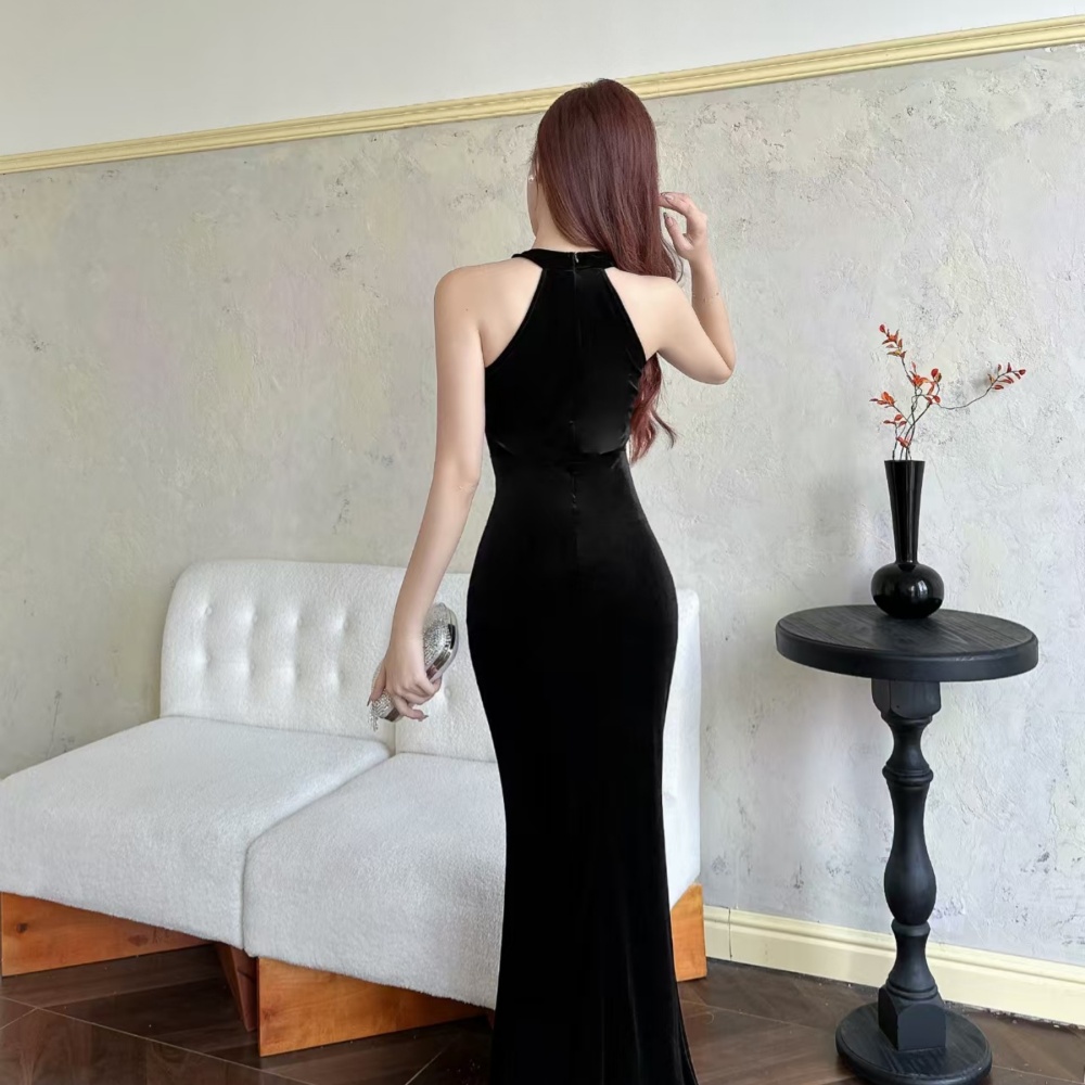 Long rhinestone formal dress slim velvet dress