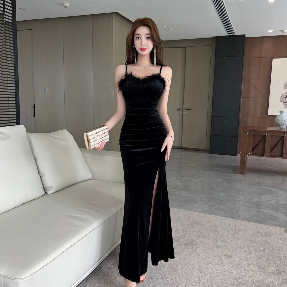 Golden velvet sexy long dress long nightclub dress