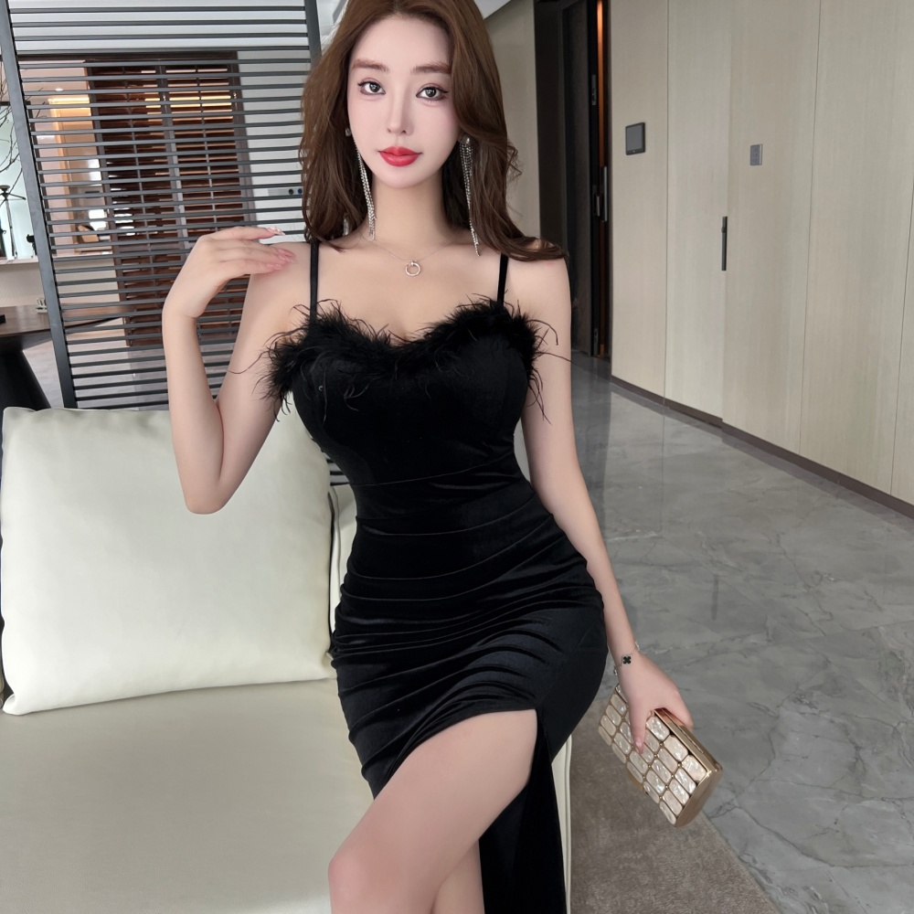 Golden velvet sexy long dress long nightclub dress