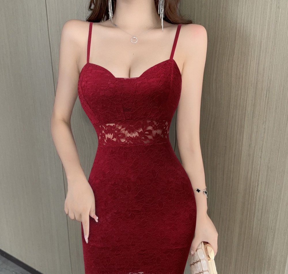 Sling lace low-cut sexy bottoming hollow package hip dress