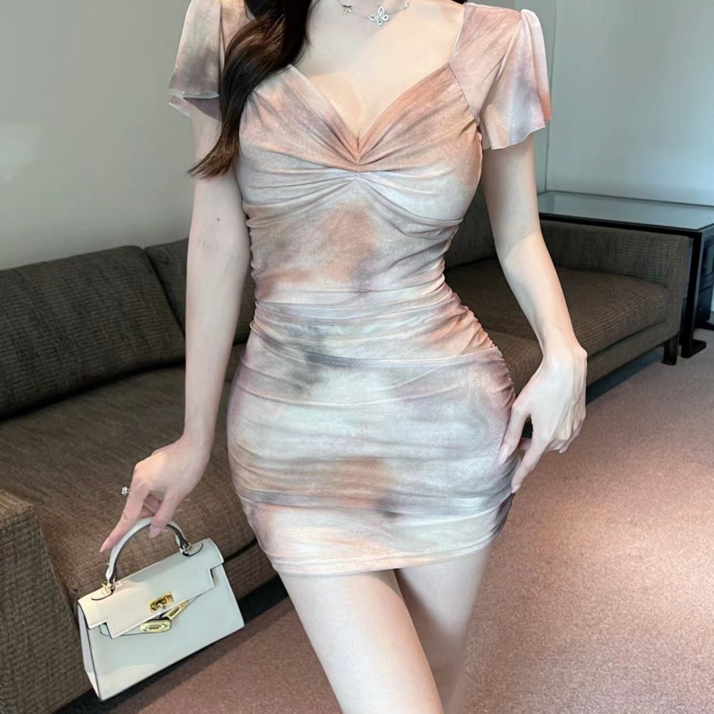 Package hip gauze bottoming short sleeve fold sexy dress