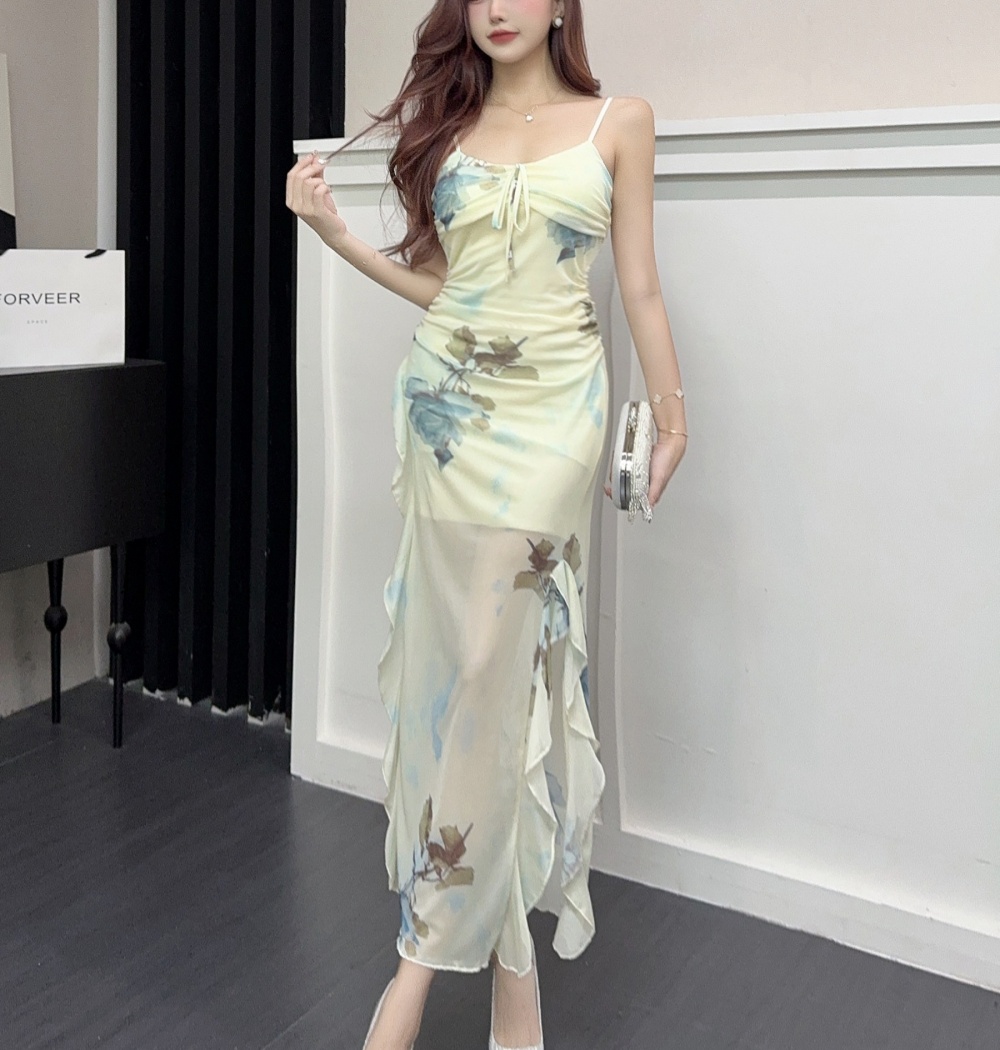 Sexy printing split long dress rose long strap dress for women