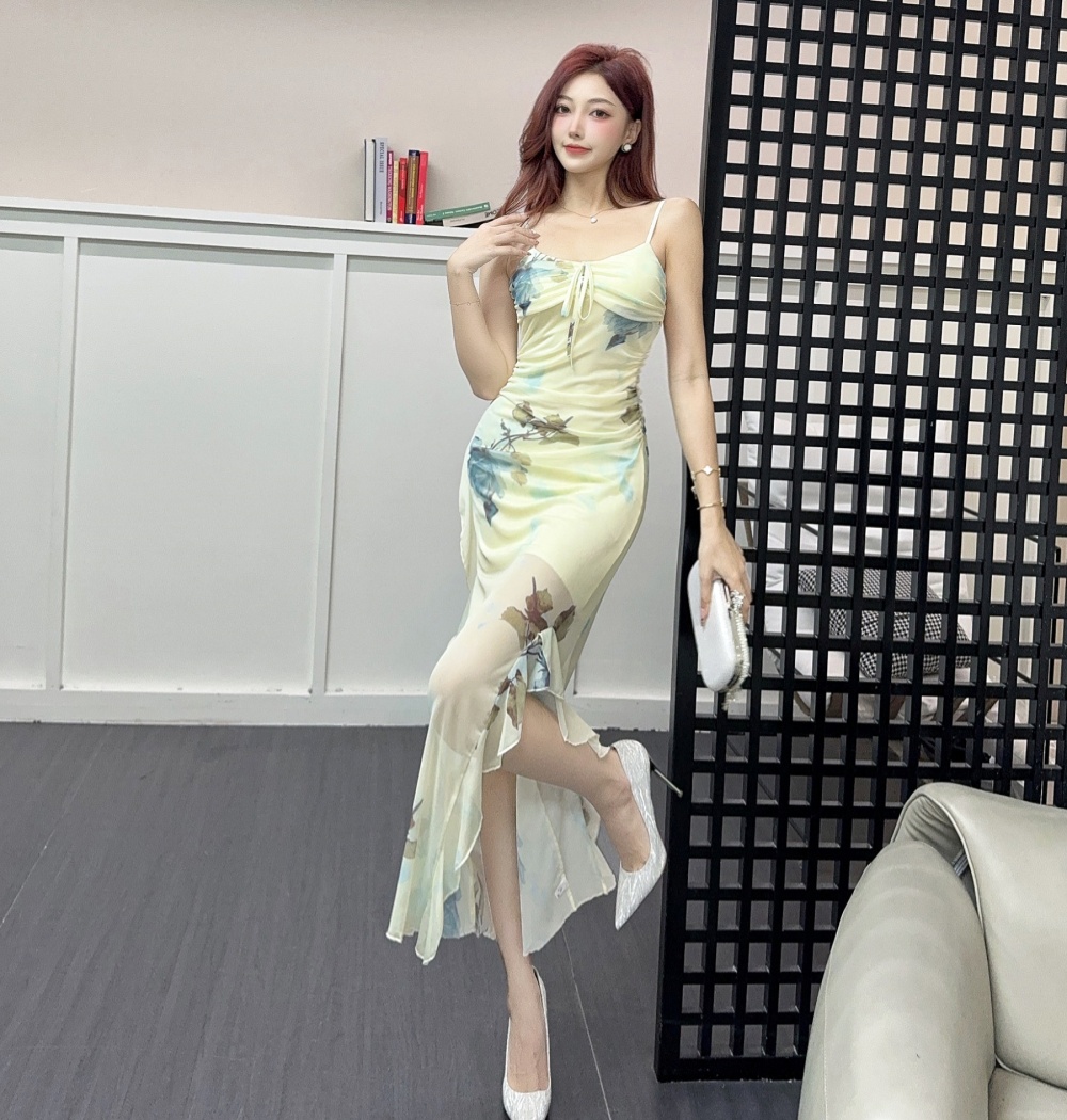 Sexy printing split long dress rose long strap dress for women