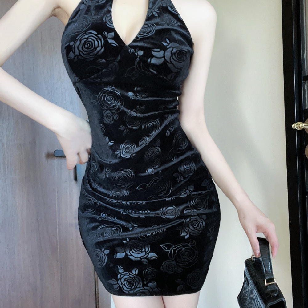 Package hip short sleeveless golden velvet bottoming dress