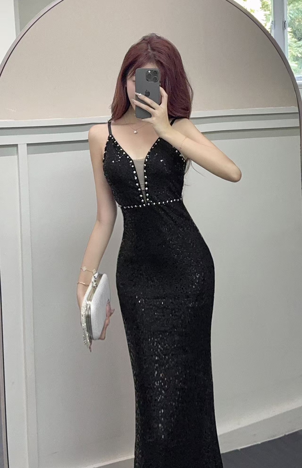 Light luxury sequins formal dress silver bride evening dress