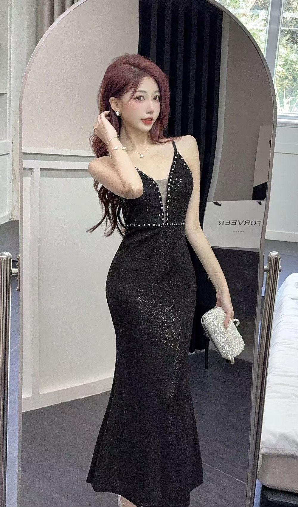 Light luxury sequins formal dress silver bride evening dress