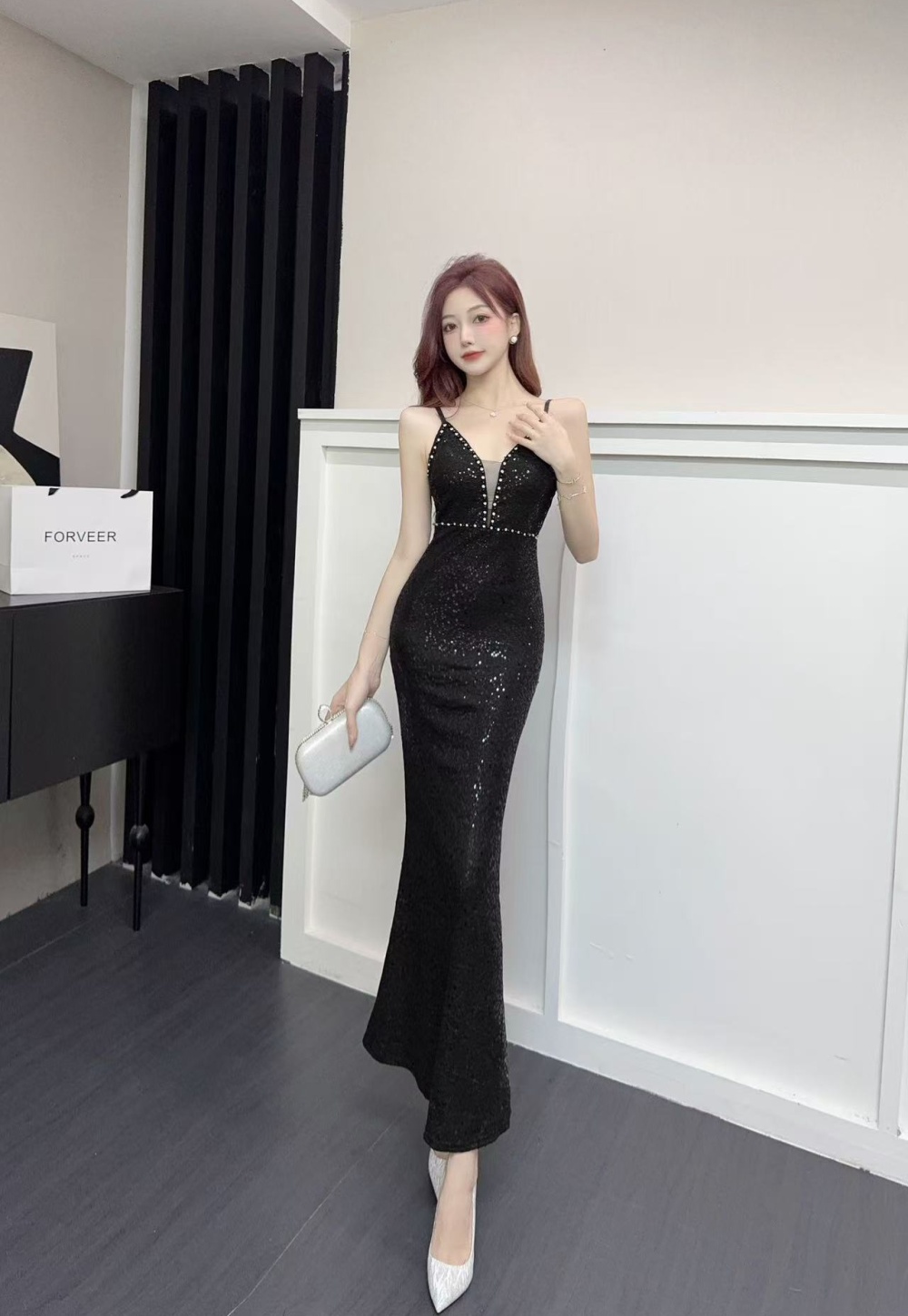 Light luxury sequins formal dress silver bride evening dress