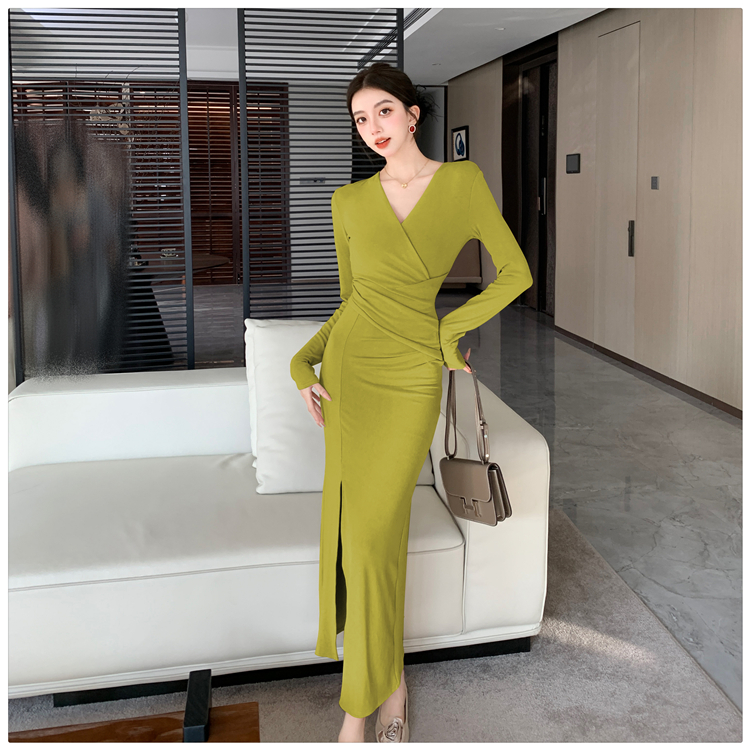 Sexy V-neck irregular dress knitted pinched waist long dress