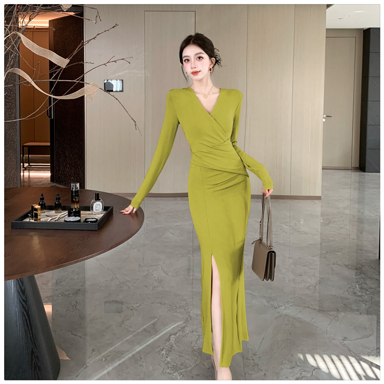 Sexy V-neck irregular dress knitted pinched waist long dress