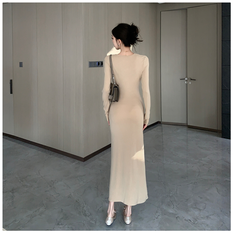 Sexy V-neck irregular dress knitted pinched waist long dress