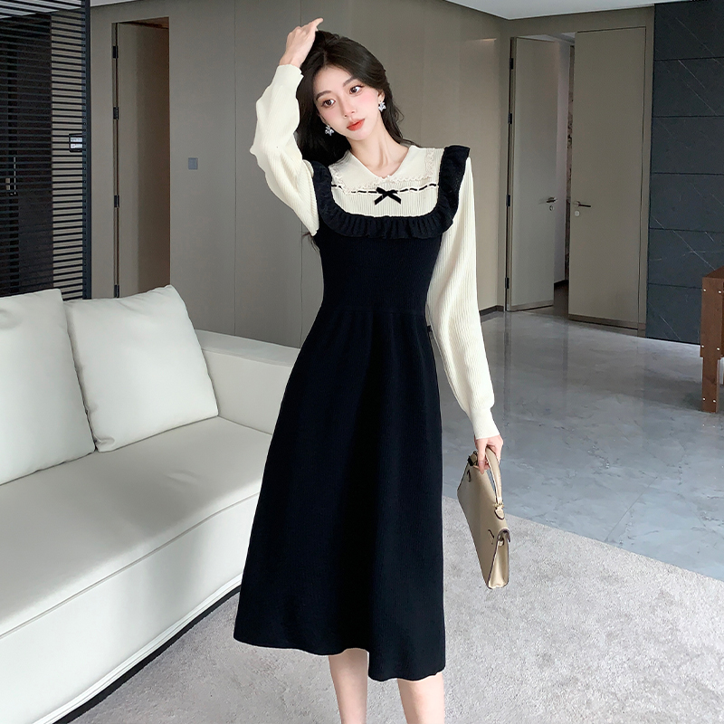 Pseudo-two sweater France style dress for women