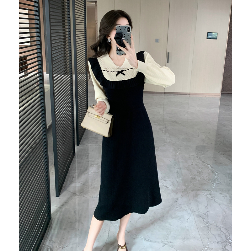 Pseudo-two sweater France style dress for women