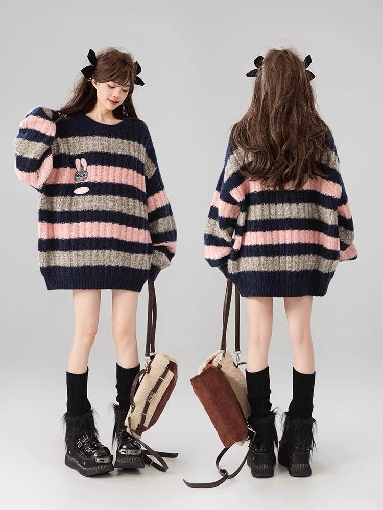 Stripe long tops autumn and winter sweater for women