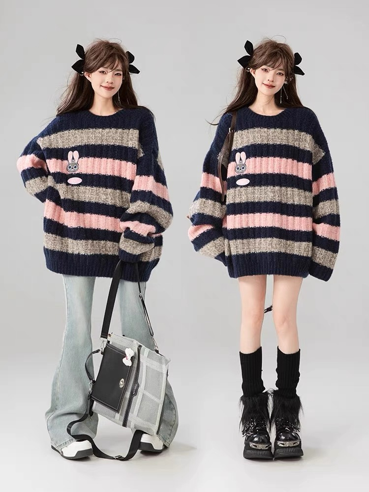 Stripe long tops autumn and winter sweater for women