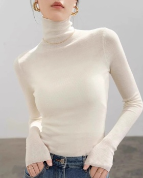 High collar long sleeve white slim sweater for women