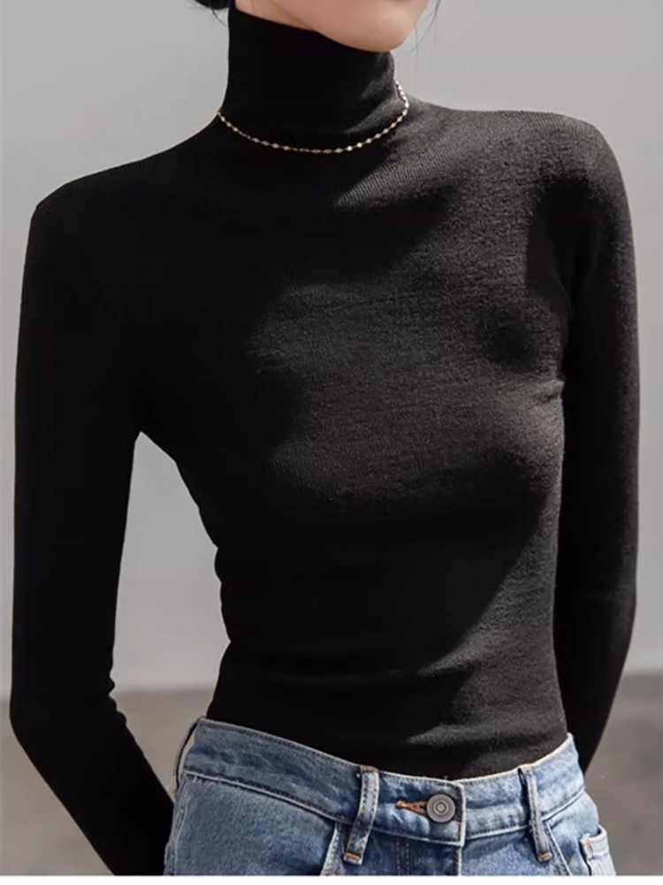 High collar long sleeve white slim sweater for women