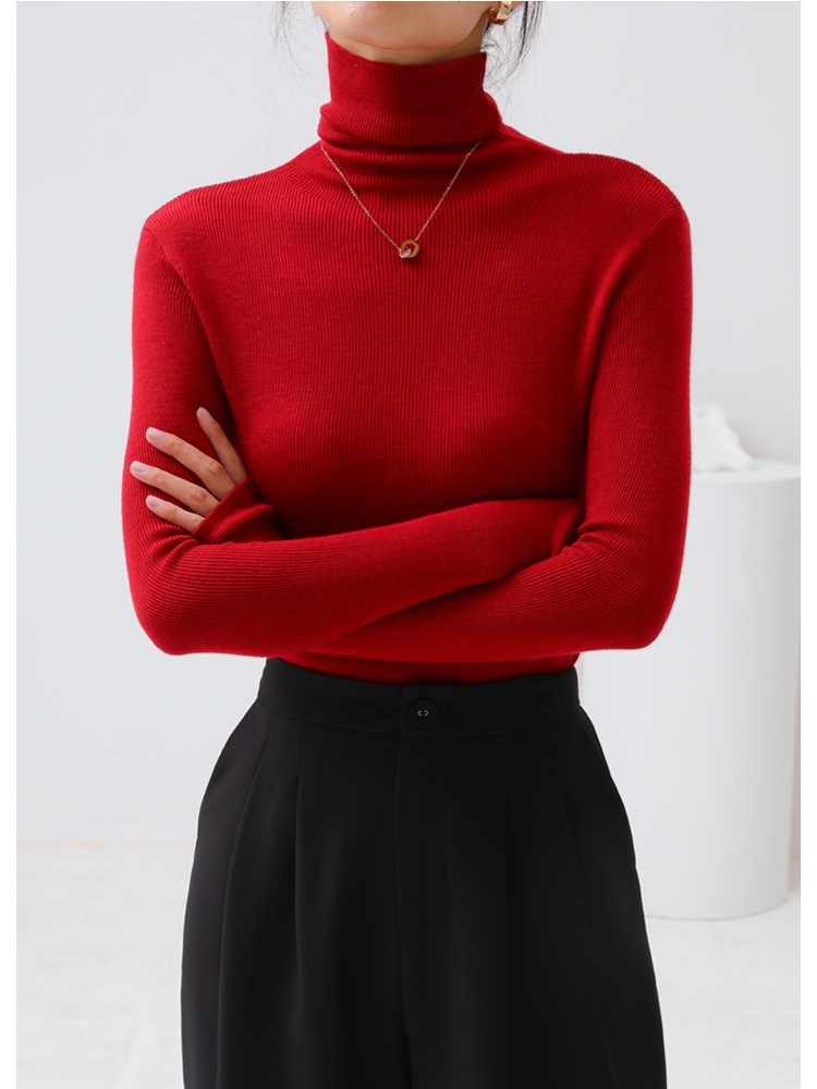 High collar long sleeve white slim sweater for women