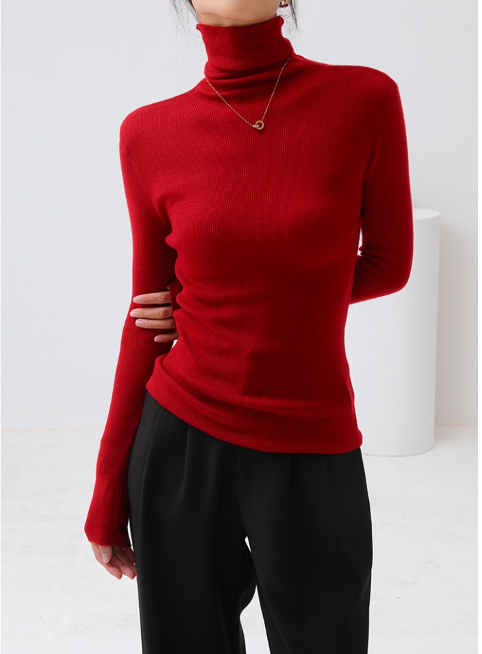 High collar long sleeve white slim sweater for women