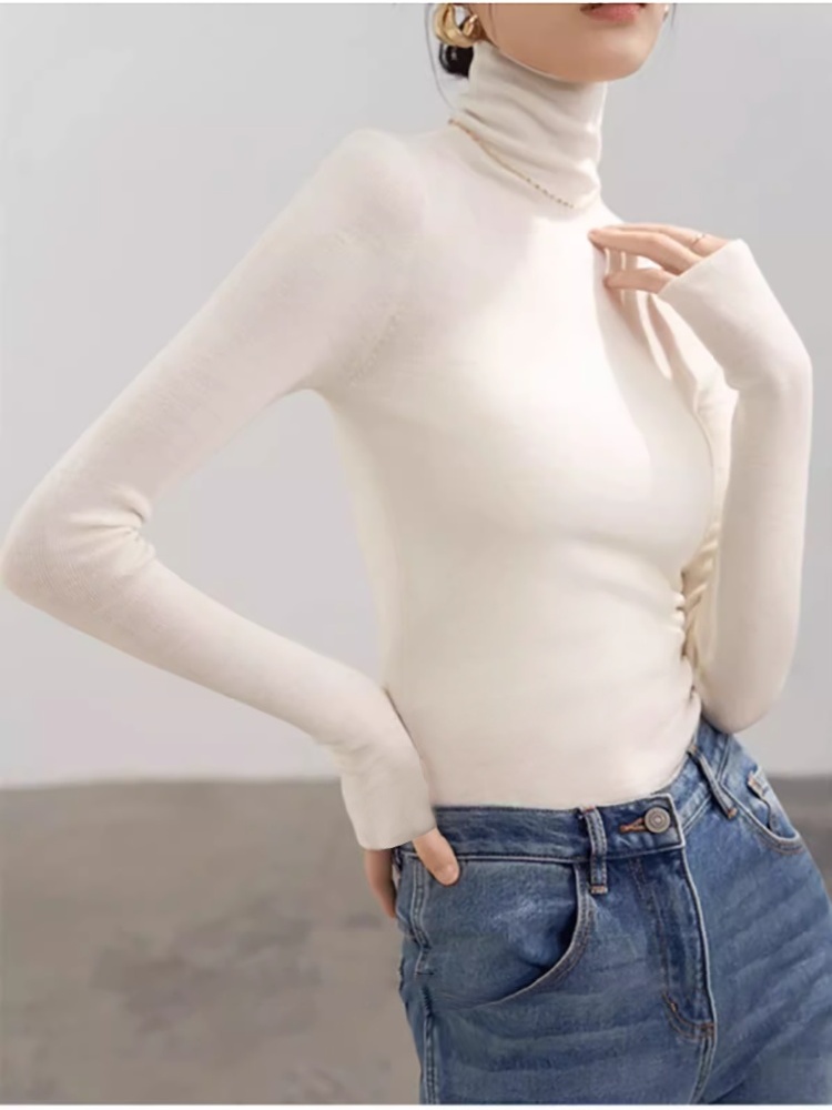 High collar long sleeve white slim sweater for women