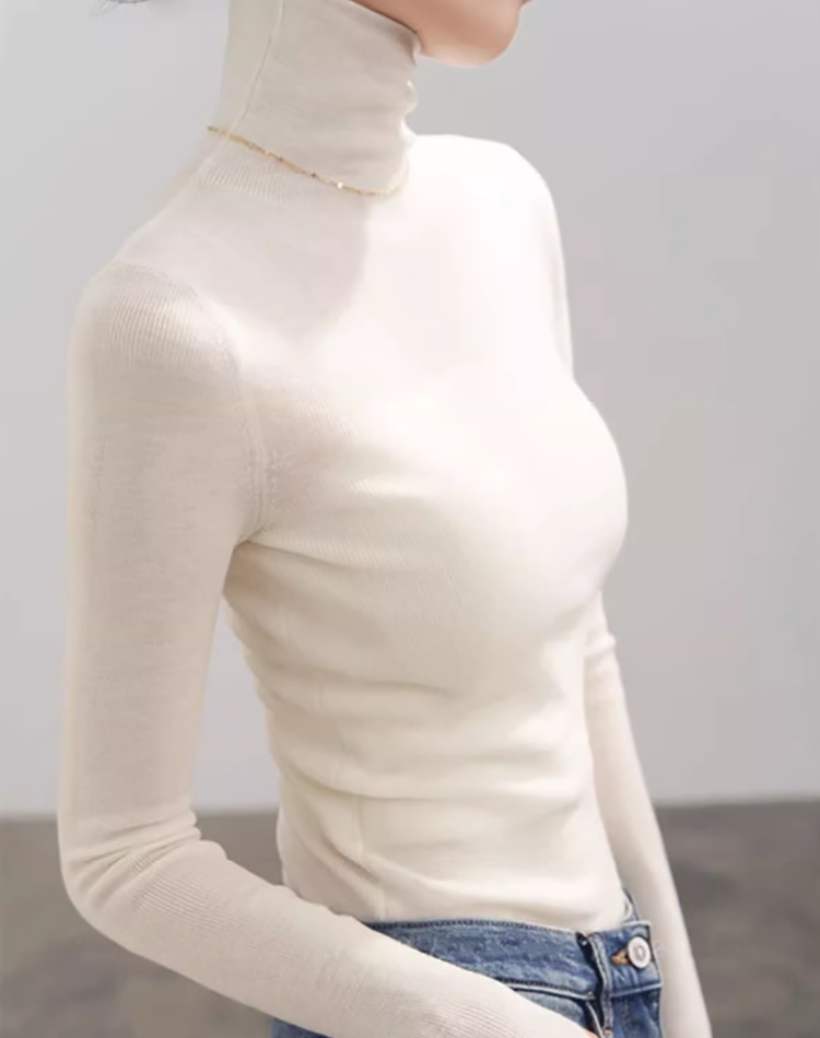 High collar long sleeve white slim sweater for women