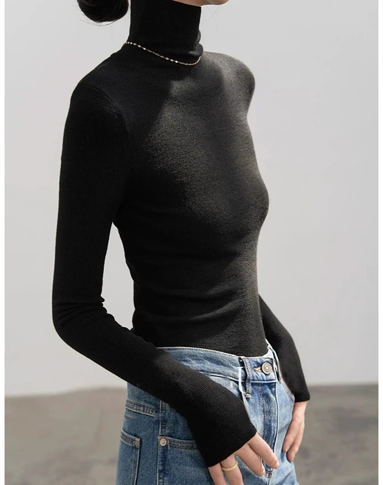 High collar long sleeve white slim sweater for women