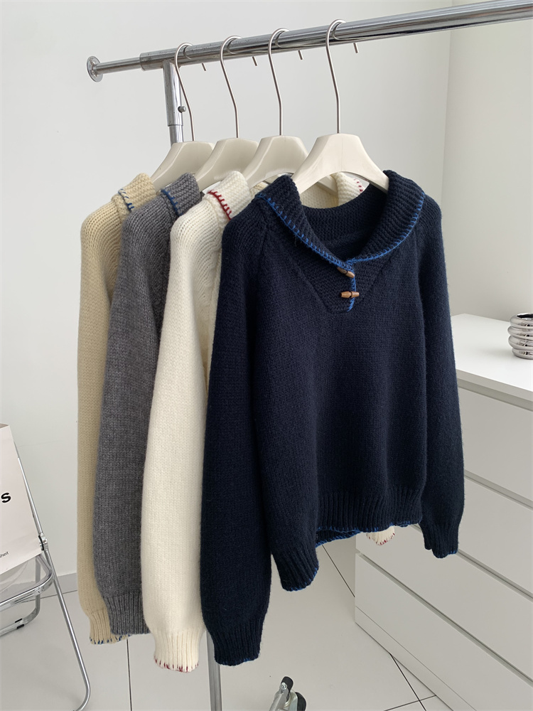 Autumn and winter lapel horn buckle all-match sweater