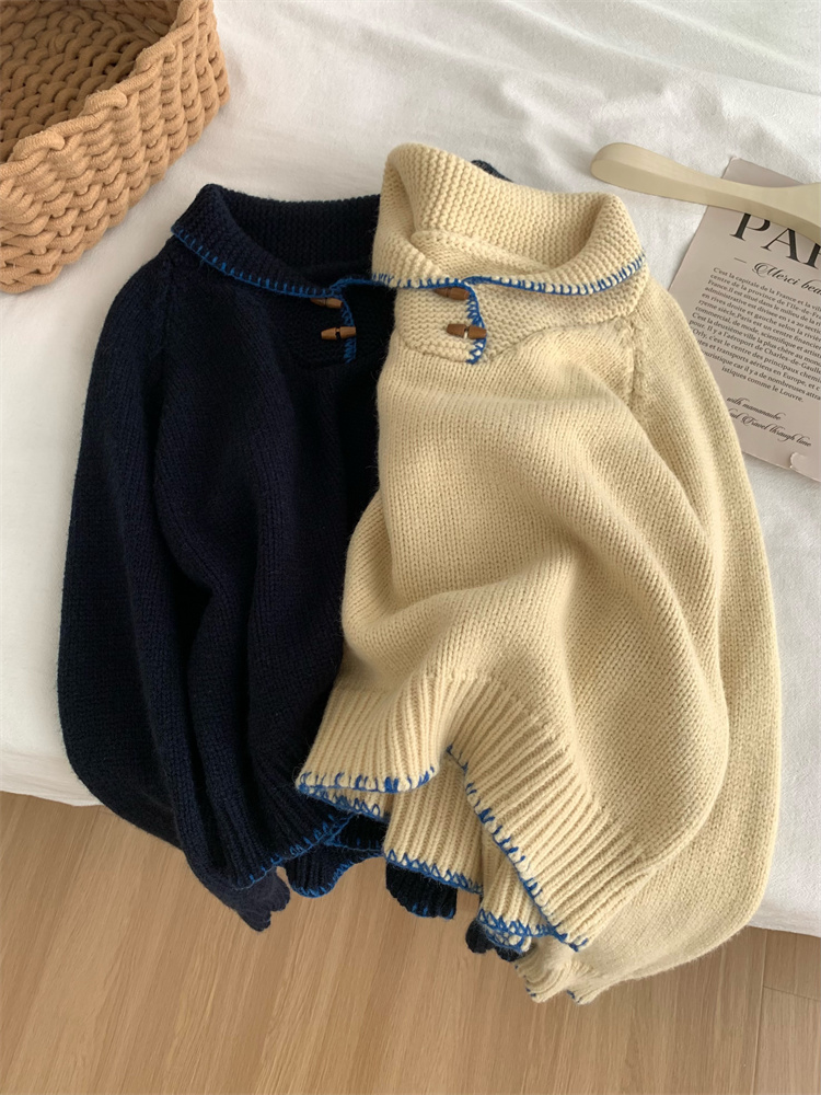 Autumn and winter lapel horn buckle all-match sweater