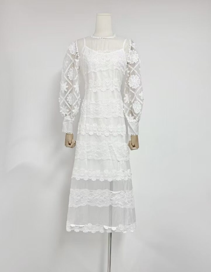 Fashion embroidery dress round neck spring long dress