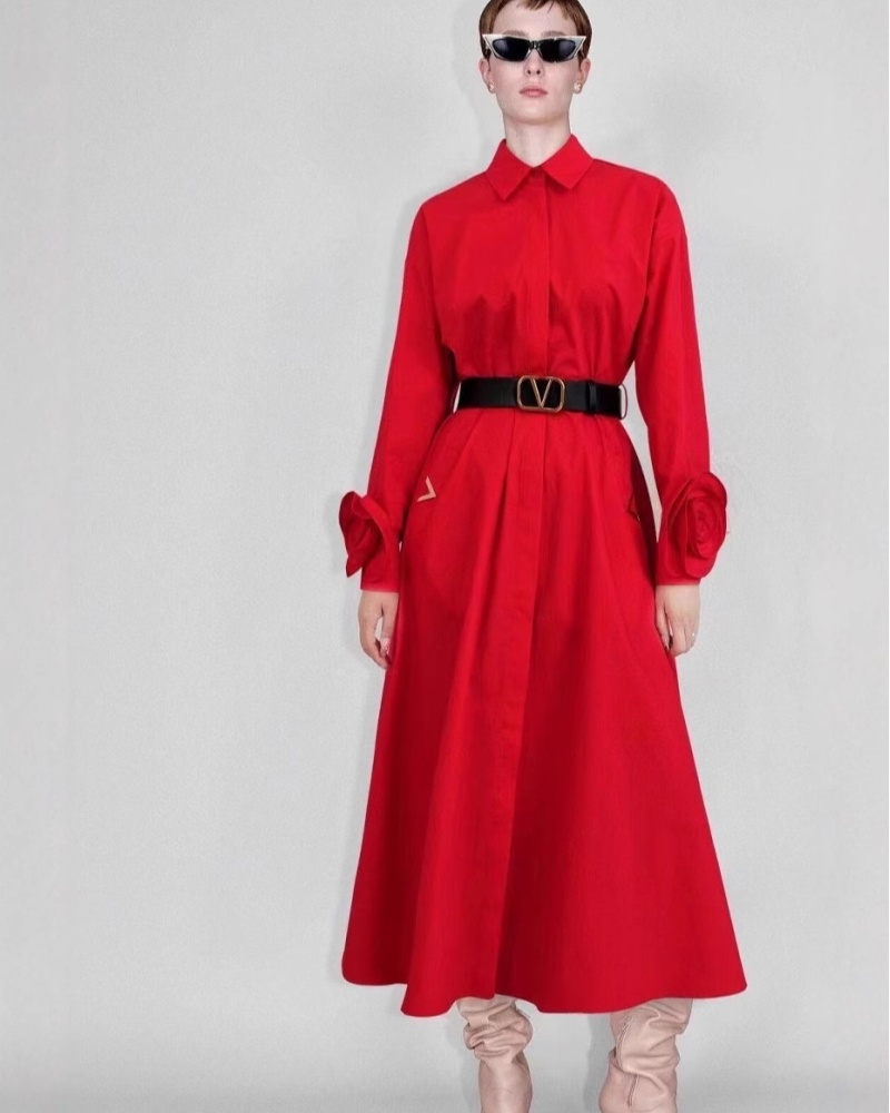 Long sleeve flowers red shirt lapel pinched waist long dress