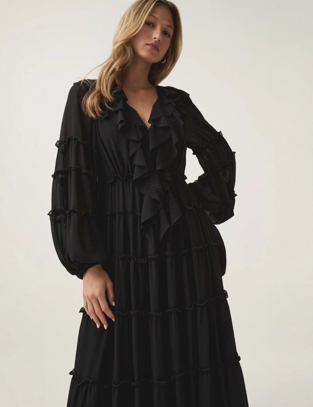 V-neck tender black long dress spring big skirt chiffon dress