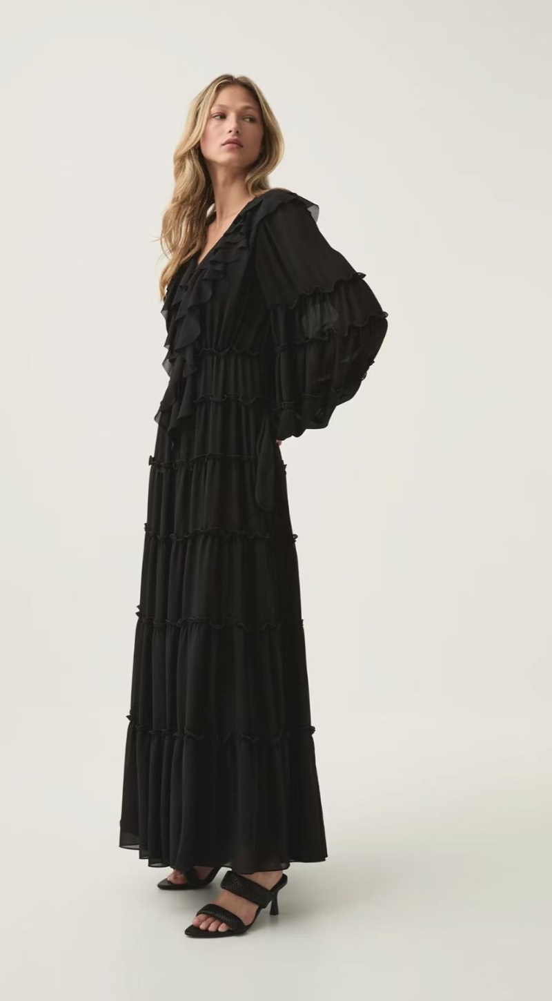 V-neck tender black long dress spring big skirt chiffon dress