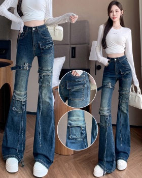 Elastic many pocket flare pants slim work pants for women