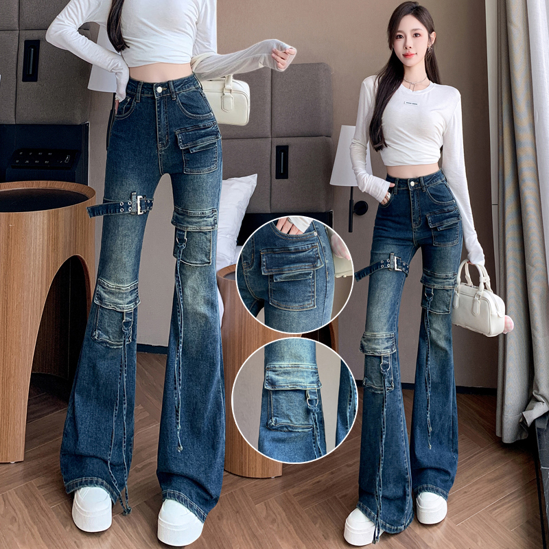 Elastic many pocket flare pants slim work pants for women